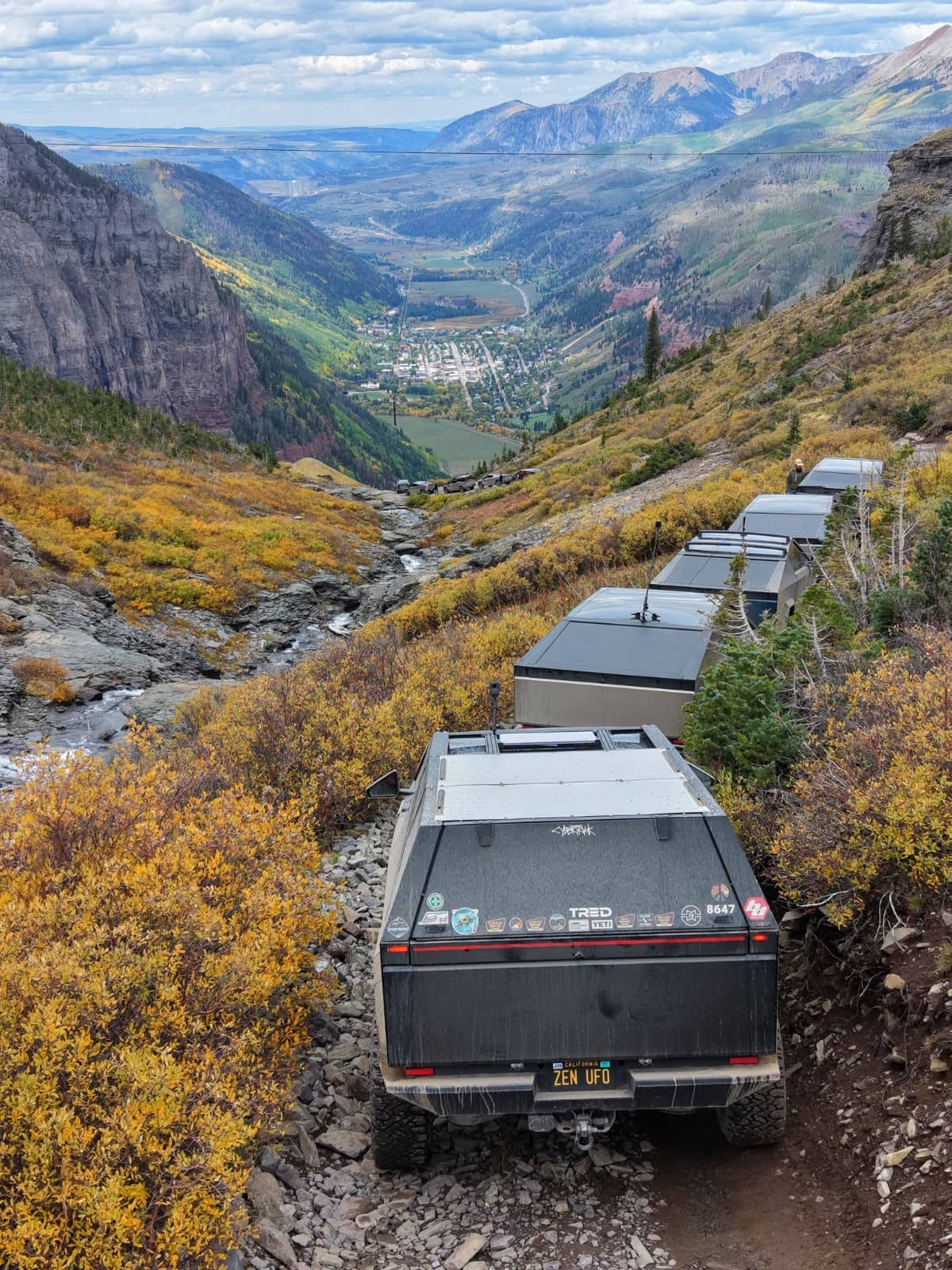 Cybertrucks descending Black Bear Pass above Telluride